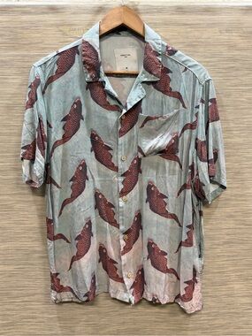 Percival Fish Print Camp Collar Button Front Shirt Novelty Print Men’s M